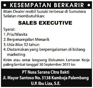 Lowongan Kerja Dealer Mobil Suzuki Sumatera Selatan PT. Nusa Sarana Citra Bakti