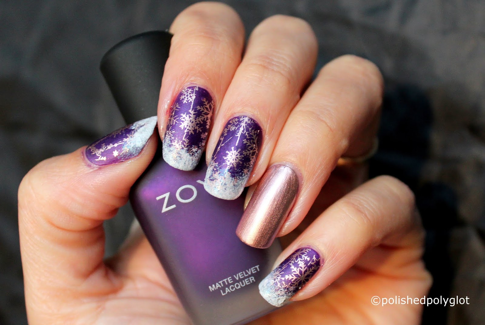 Nail Art │ Winter nail desing in Purple, Gold and White / Polished Polyglot