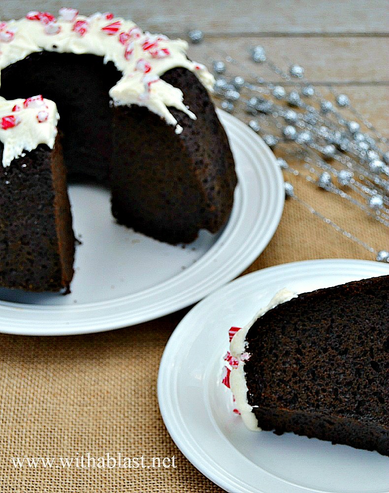 Chocolate Pound Cake ~ Super moist Chocolate Pound Cake with a to-die-for Frosting and decorated for Christmas {which can be changed to suit any occasion} #PoundCake #ChocolateCake #Christmas www.withablast.net