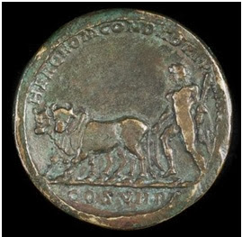Roman Imperial medallion depicting the emperor Commodus (c.180 - 192 AD), dressed as Hercules, ploughing out the furrow of Rome