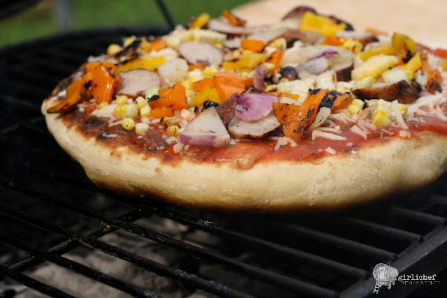 Grilled Pizza w/ Onions, Peppers, Corn & Brats