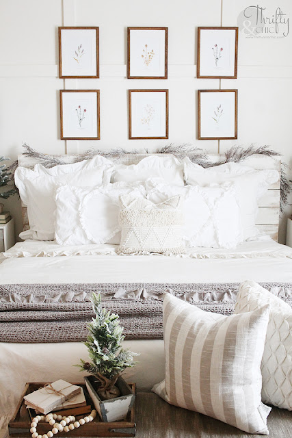 Winter decor and decorating ideas. Winter bedroom decor. How to decorate after Christmas. Farmhouse bedroom decor. Neutral bedroom decor and ideas. White and cream bedroom. Board and batten bedroom ideas. 