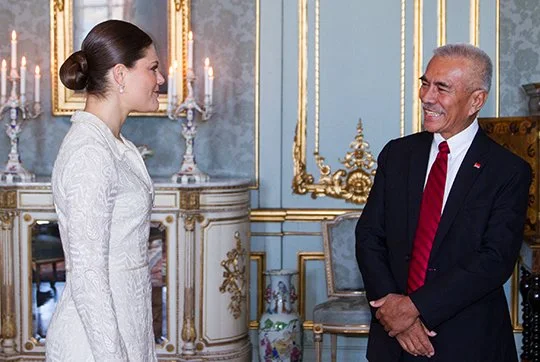 Crown Princess Victoria of Sweden receives Anote Tong, President of the Republic of Kiribati, at the Royal Palace