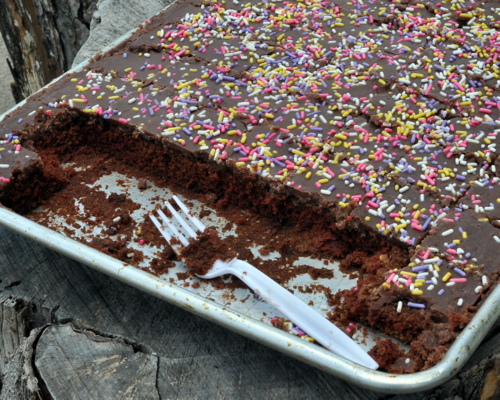 Easy-Easy Chocolate Sheet Cake ♥ KitchenParade.com, dark, moist, chocolate-y. No mixer required.