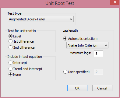 EViews - Unit root test dialog box from cruncheconometrix.com.ng