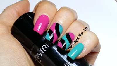 Nail Art in Black, Fuchsia and Green using French Manicure Guides 