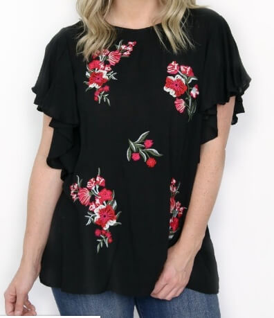 Madison and Mallory FLORAL EMBROIDERED RUFFLE SLEEVE TOP