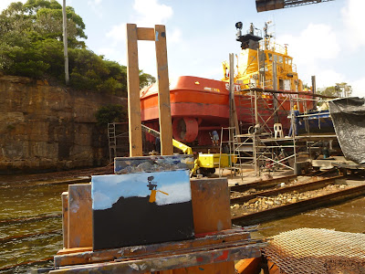 plein air oil painting of Sydney Ports tug 'Shirley Smith' on slipway of Goat Island by artist Jane Bennett