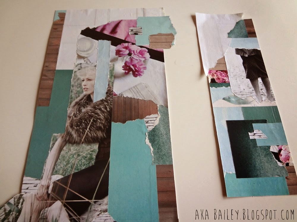 Two collages, white, wood, turquoise, pink