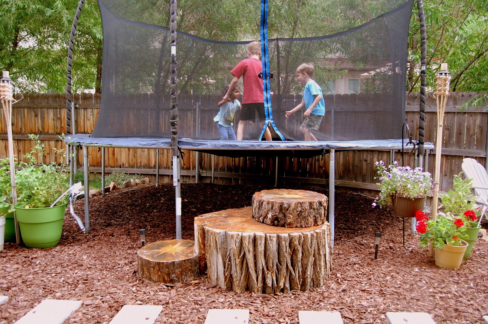"C" is for Crafty Tree Stump Trampoline Steps