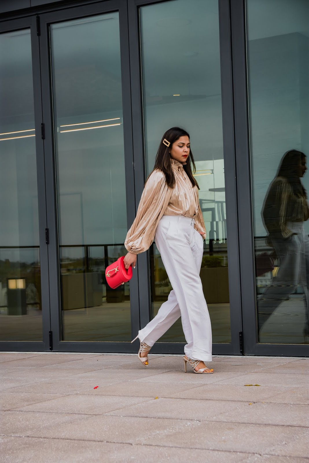 gold blouse, white jeans, party look, weddign guest, ootd, street style, dc blogger, saumya shiohare, myriad musings , rent the runway blouse, whute pants outit, red zac posen bag gold blouse, white jeans, party look, weddign guest, ootd, street style, dc blogger, saumya shiohare, myriad musings , rent the runway blouse, whute pants outit, red zac posen bag
