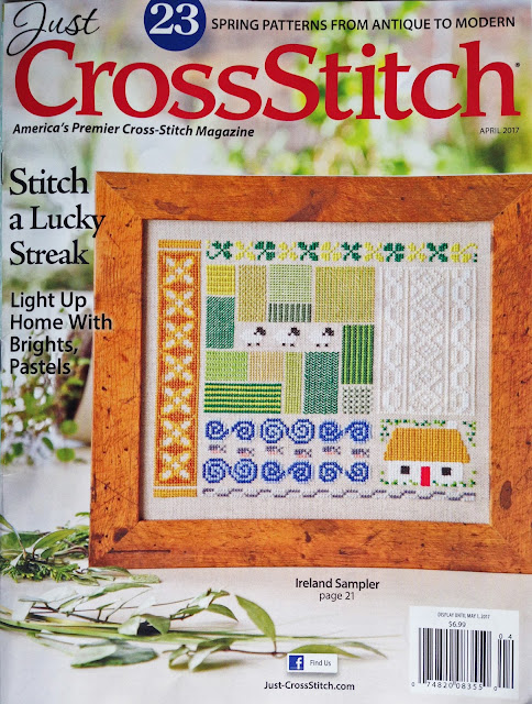 cross-stitched Ireland sampler in Just CrossStitch magazine