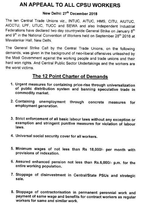Countrywide General Strike on January 8th and 9th, 2019 : the 12 Point Charter of Demands Countrywide General Strike on January 8th and 9th, 2019 : the 12 Point Charter of Demands
