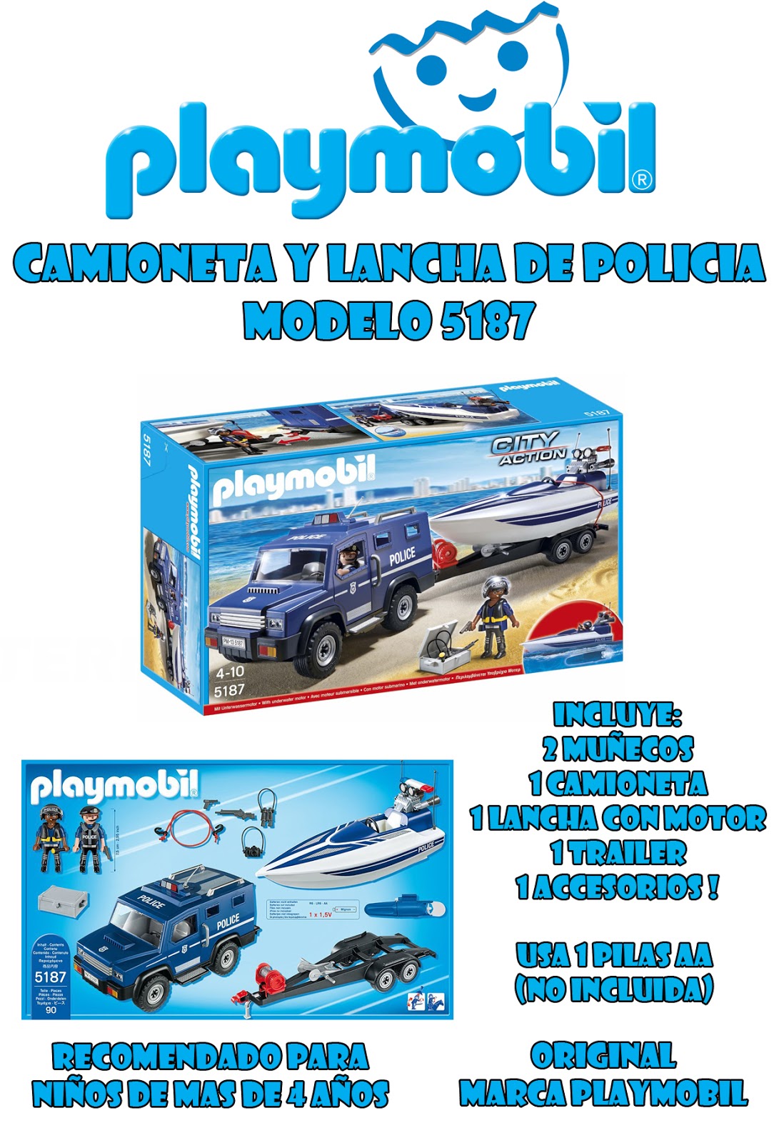 Coche De Policía PLAYMOBIL Con Lancha Remolque Juguete Educativo
