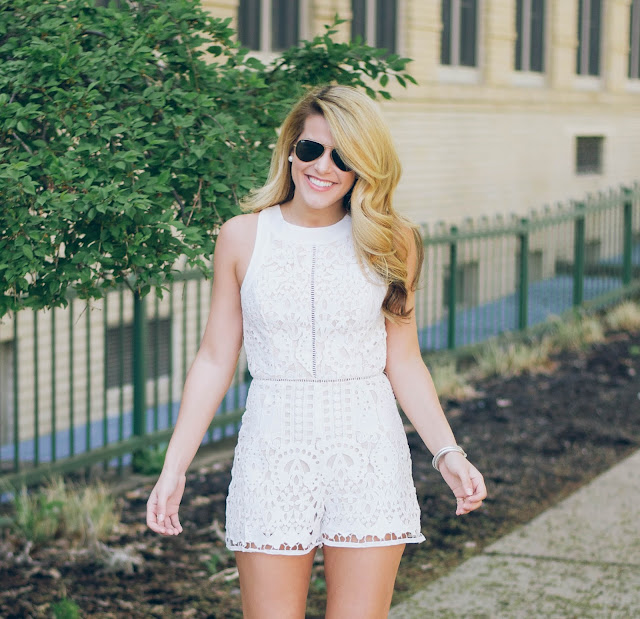 white lace romper and ray ban aviator sunglasses