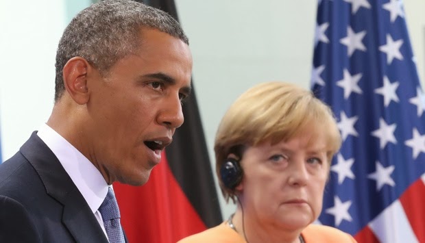 Presiden Barack Obama (kiri) dan Kanselir Jerman Angela Merkel. (AP Photo/dpa, Michael Kappeler)