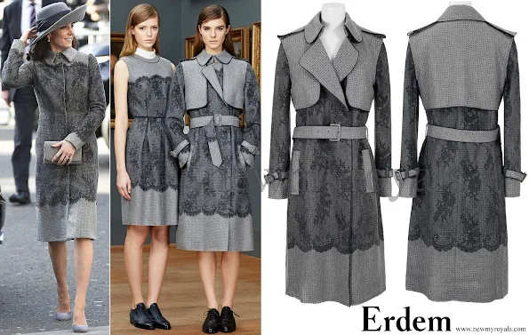 The Duchess wore a bespoke gray jacket by ERDEM, a Canadian designer. The bespoke jacket resembles very much the gray trench jacket with lace effect and floral-print, which is in the Pre-Fall 015-2016 collection of ERDEM.