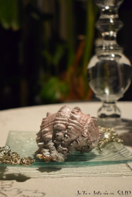 Patio Table Cloth & Decor Seashells painted in metallic colors