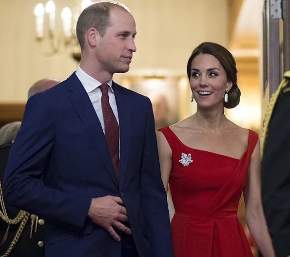 Kate Middleton wore Preen Finella Satin Midi Dres, Baroque Pearl Double Sided Earrings by Soru Jewellery,  Jenny Packham 'Casa' clutch, Gianvito Rossi pumps