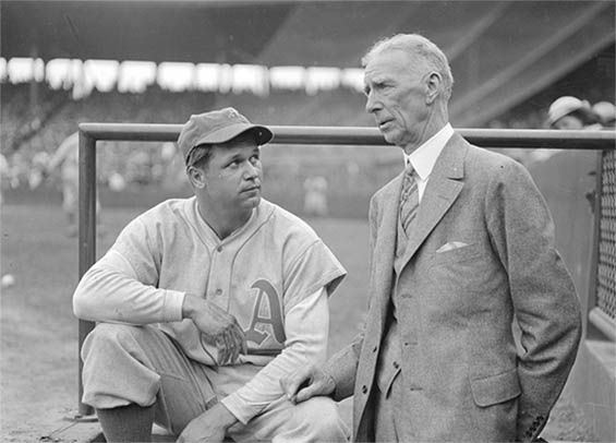 Jimmie Foxx (left) and Connie Mack (right) of the Philadelphia Athletics.