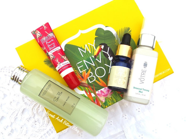 My Envy Box May 2016 Island Kiss Puerto Berry Blush, Gulnare Handmade Skincare SeaFlo Face Wash ], Roots and Above Lemon Essential and Votre Botanical Toning Mist