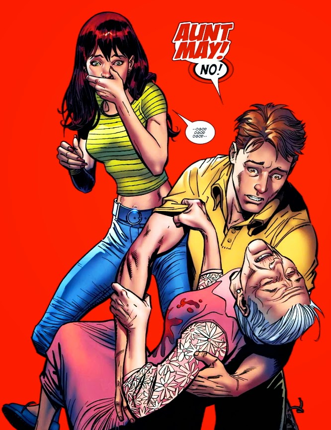 original art of Peter Parker, Aunt May and Mary Jane