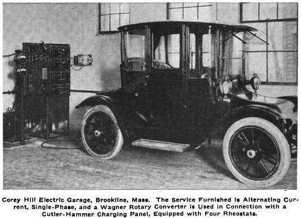 Photo of electric car being charged at Corey Hill Garage, 1915