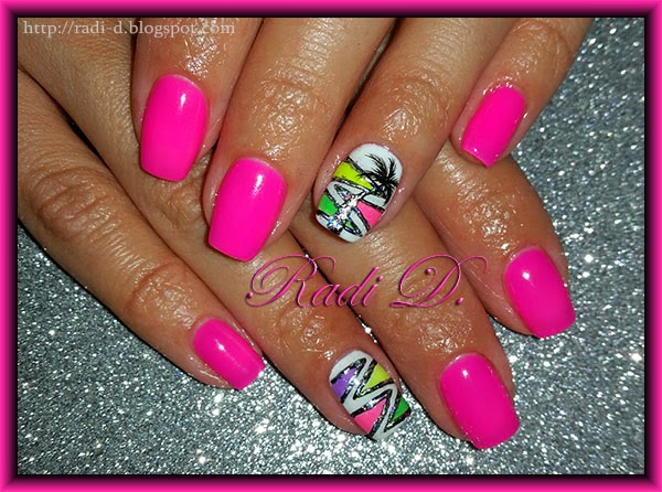 It`s all about nails: Pink neon gel polish with foil ornaments