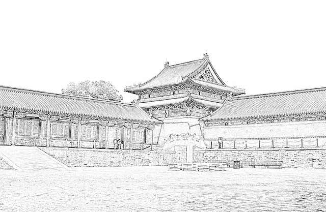 sketch of a Chinese style architecture with courtyard