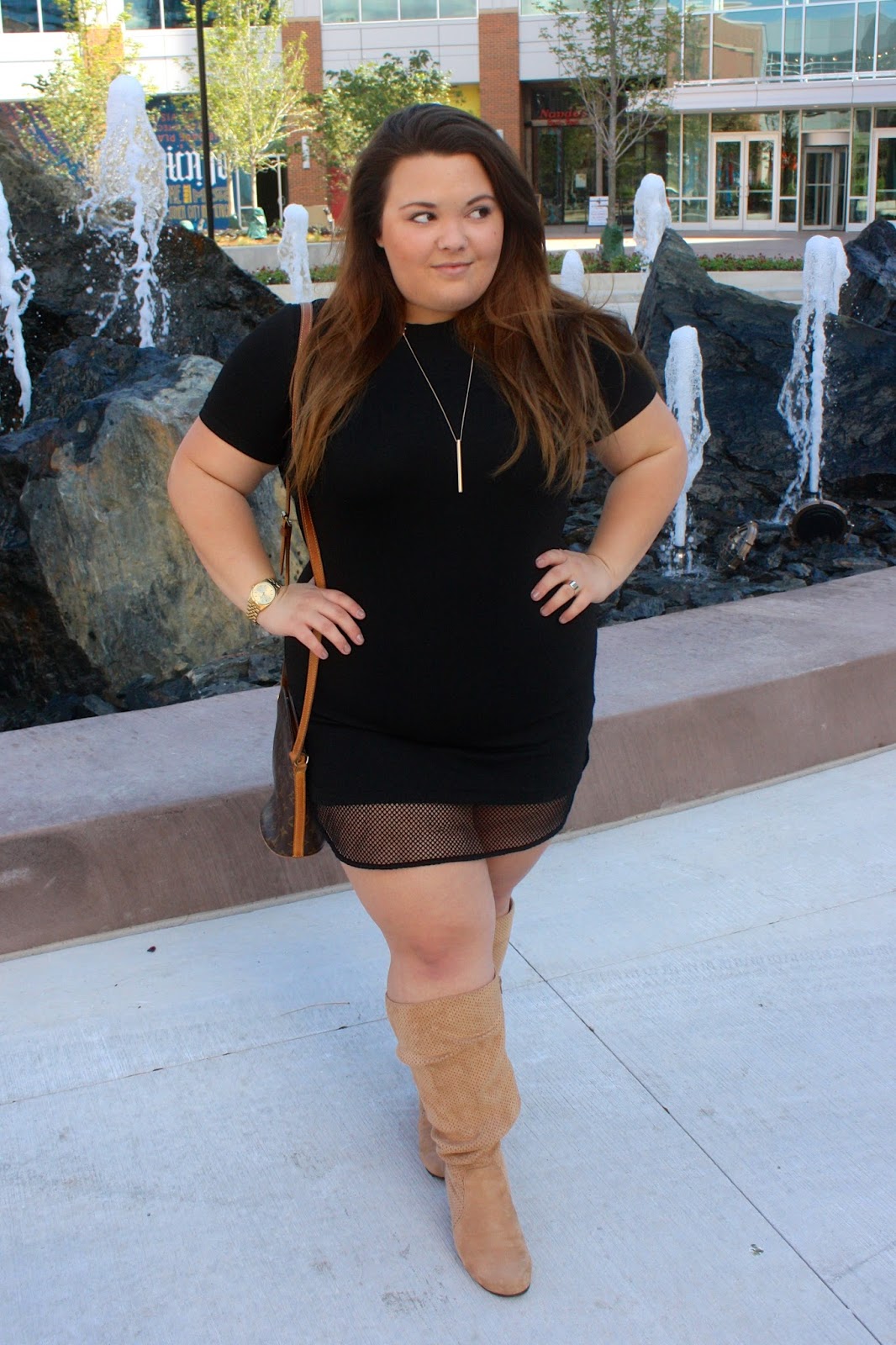 woman within, wide calf boot, thick, wide calf, Natalie Craig, plus size fashion, ps fashion, little black dress, wearing black, natalie in the city, chicago, fashion blogger, plus size fashion blogger, forever 21, perforated boots, north and clybourne, perforated shoes, mesh dress, fatshion, confidence, louis vuitton, gold watch