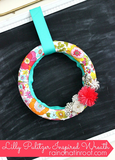 Lilly Pulitzer Inspired Wreath {rainonatinroof.com} #wreath #craft #lillypulitzer #floral #summer #lilly