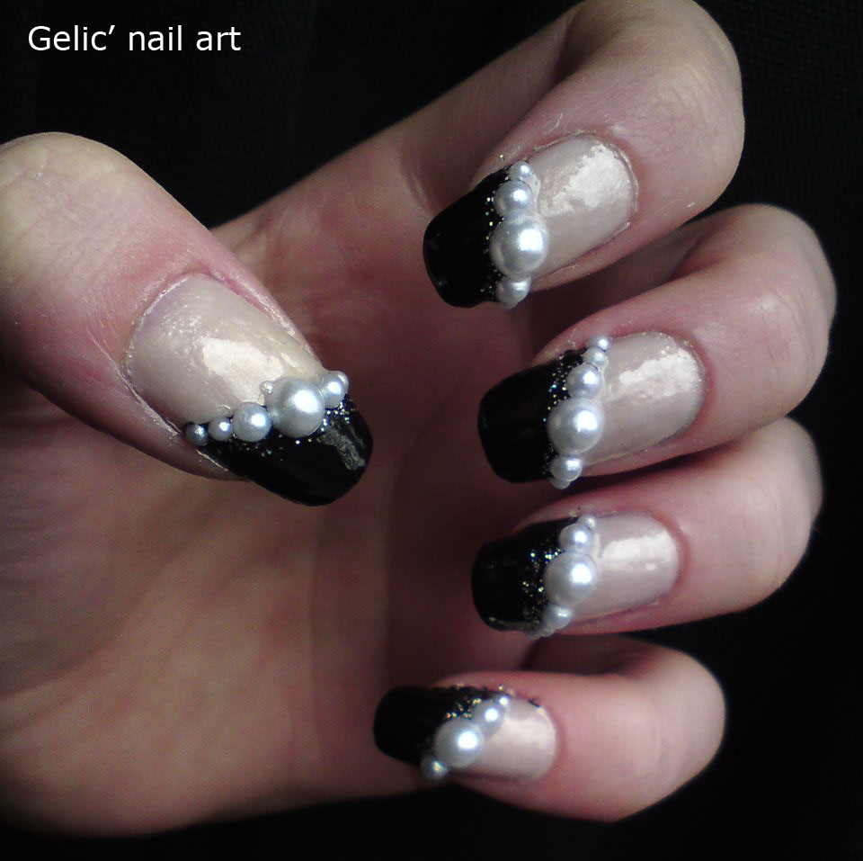 Gelic' nail art Black funky french with large pearl rhinestones