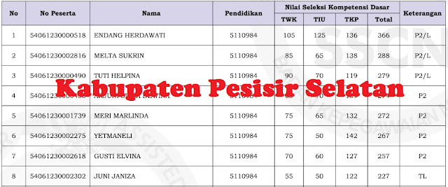 Daftar Nilai SKD dan Lanjut SKB CPNS 2018 Kabupaten Pessel