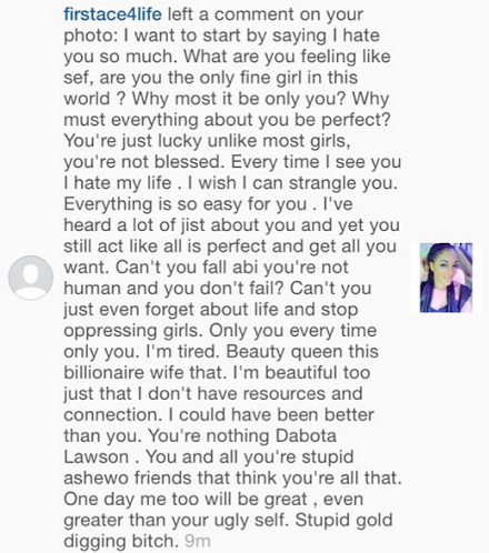 1 This is serious! Between Dabota Lawson and a hater on instagram