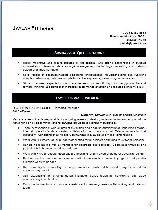 Manager Networking and Sample Resume Format in Word
