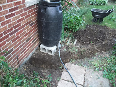 dig trench near rain barrel, roof drain