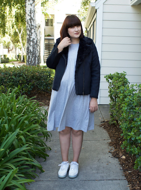 Uniqlo, ASOS, smock dress, shearling jacket, Air Force 1, maternity style, fbloggers, ootd