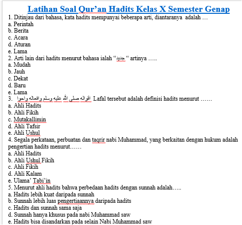 Contoh Soal Quran Hadits Kelas 1 Semester 2