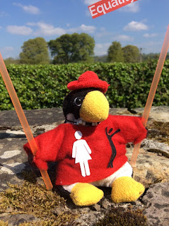 MEme a small stuffed penguin which is Corina Duyn's alter ego, is ready for action for M.E. Seated on a wall wearing a red tshirt 