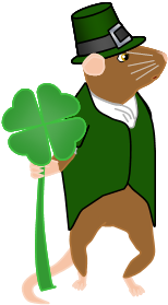 Image: Frank the mouse stands in a green tailcoat and a green capotain hat, holding a shamrock about the size of his head. 