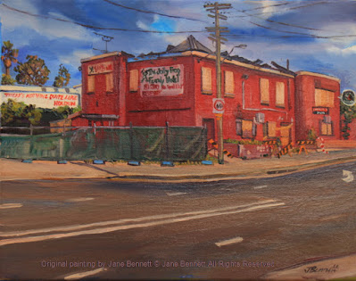 plein air oil painting of the abandoned & derelict heritage hotel, the 'Jolly Frog', Windsor, painted by artist Jane Bennett