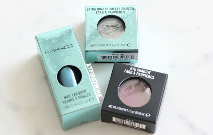 MAC Alluring Aquatic nail lacquer - Submerged, the MAC Alluring Aquatic extra dimension eye shadow - Silver Sun, and the MAC eyeshadow - Trax Velvet