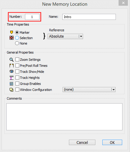 New Memory Location Window in Pro Tools