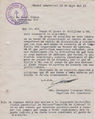 Carta de la Ciudad Sanatorial de Terrassa a Ángel Ribera, mayo 1955