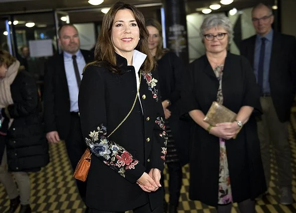 Crown Princess Mary wore Zara Floral Embroidered Military Style Coat. Zara leather trousers at International Women's Day 2017