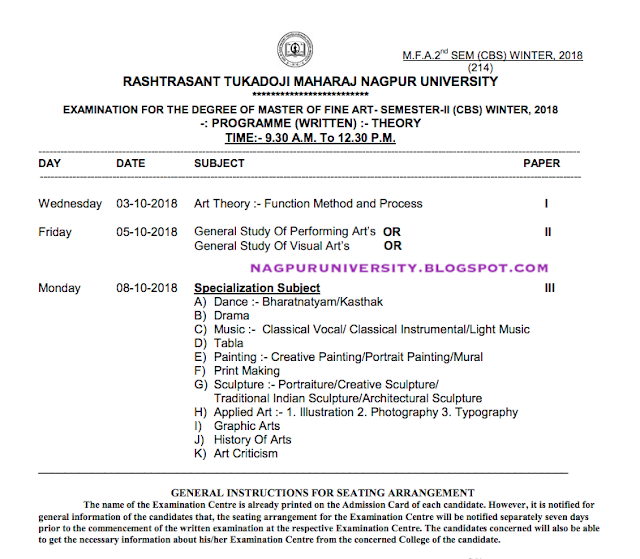 RTMNU Time Table MFA 2nd SEM (CBS) Exam Winter 2018