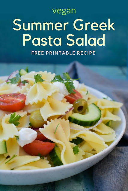Summer Greek Pasta Salad - a fresh summer salad with the flavours of Greece. Vegan salad with free printable recipe