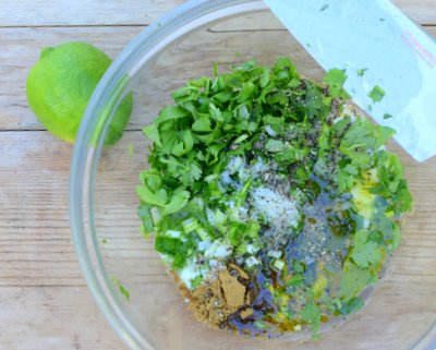 Glass bowl with ingredients for Lime-Yogurt Vinaigrette for Mexican Chicken Salad