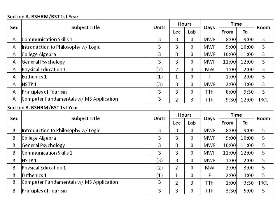 ABE Tacloban Schedule of Classes for the 1st Sem SY 20112012