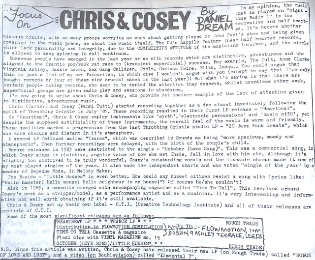 Chris and Cosey 1984 feature in Kindred Spirit fanzine